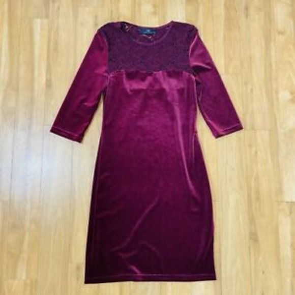 Cue womens size 10 burgundy stretch velvet lace dress 3/4 sleeve bodycon - Picture 2 of 11